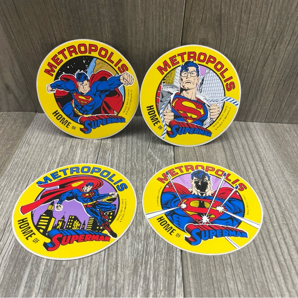 Original 1991 DC Comics METROPOLIS Home Of SUPERMAN Unused 4” DECAL Sticker Set
